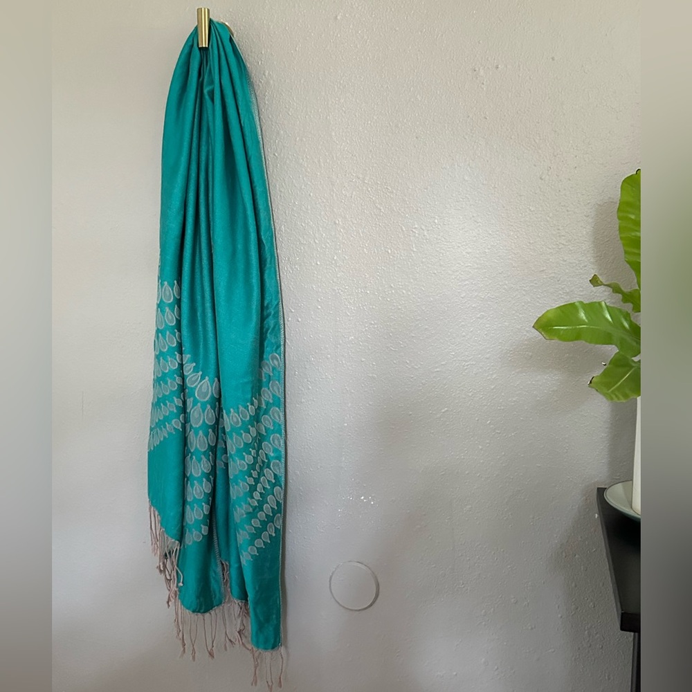 Gorgeous Luminous Teal and Silver Patterned Scarf from Thailand